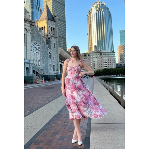 Lulus Blush Floral Organza Tie-Strap Tiered Playfully Posh Midi Dress SIze L - Picture 11 of 13